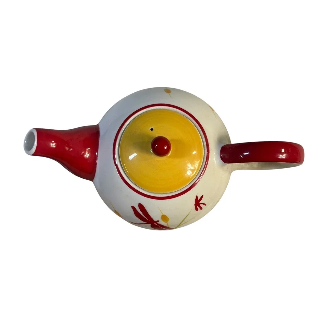 Hues N Brews Dragonfly Tea Set Teapot 2 Cups and Tray Red Yellow White Ceramic